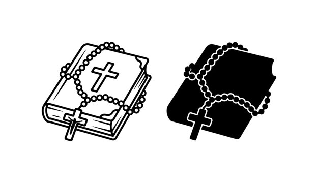 Christian Rosary Beads on Bible, Religious Symbol Vector Icons