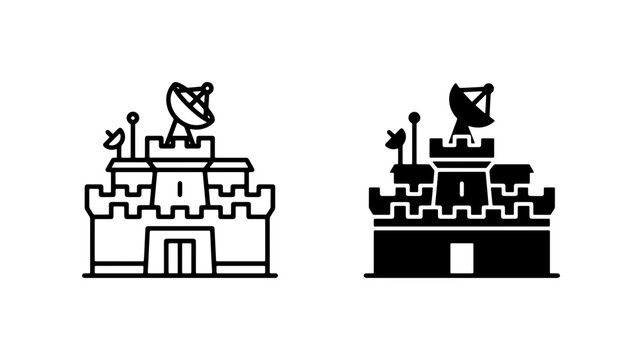 Fortress Communication Icons, Satellite Dish Building Symbols, Military Outpost Vector Art