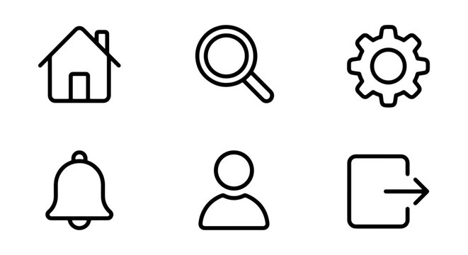 Minimalist UI Icons: Home, Search, Settings, Bell, User, Logout