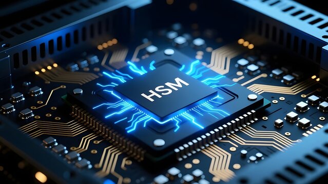 HSM hardware security module chip on motherboard, glowing blue microprocessor for data encryption, secure digital processor for cybersecurity