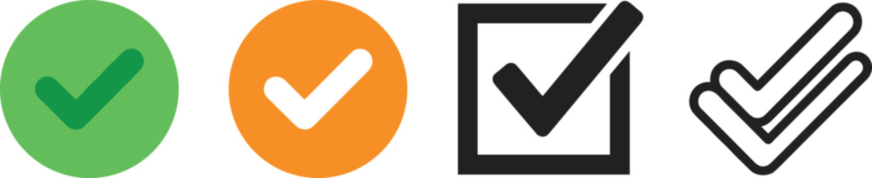 Check Mark Icon Set with Green Round OK Buttons Orange True Badges Square Checkbox and Double Tick Outline Symbols for Mobile Interface Designs