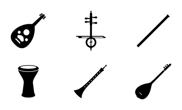 Middle Eastern Musical Instruments Icons Set, Oud, Darbuka, Saz Vector Graphics