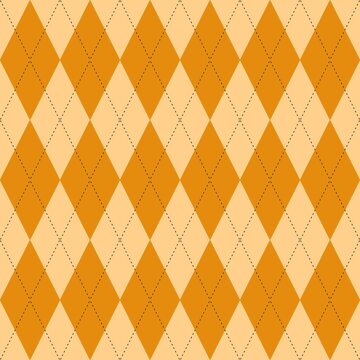 Orange and beige argyle seamless pattern with subtle dotted lines. Neutral geometric diamond check backdrop for vintage fashion and textiles.