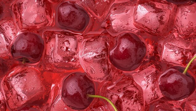 Refreshing Cherry Drink with Ice Cubes and Fresh Cherries Isolated on Transparent Background