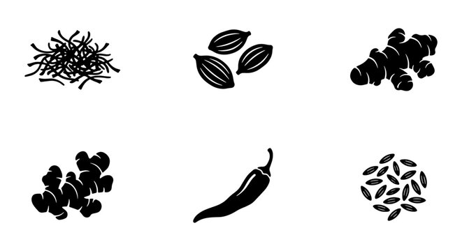 Spice Icons: Saffron, Cardamom, Ginger, Chili, Seeds Vector Set