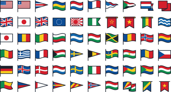World Flags Vector Icon Set Featuring Diverse Country National Emblems and Pennants for International Travel, Geography Education, and Global Graphic Designs