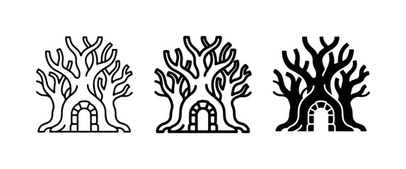 Obraz premium Enchanted Tree House Icons, Fantasy Forest Dwelling Vector Set