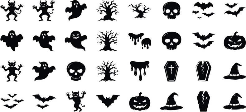 Halloween black silhouette design elements pack with creepy monsters ghosts dead trees skulls bats and coffins vector