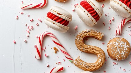 Naklejka premium Delicious Holiday Treats with Macarons, Cookies, and Peppermint Candy on a White Surface