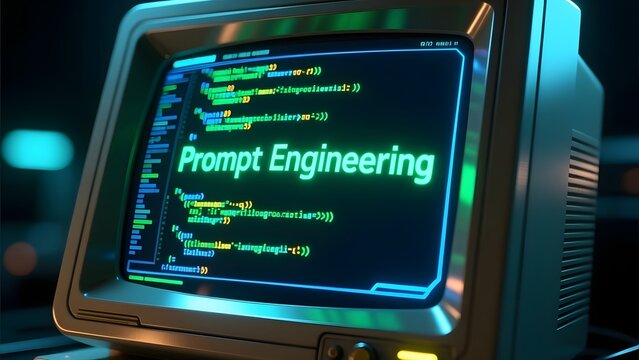 Retro computer monitor displaying Prompt Engineering text, vintage CRT screen with green coding lines, futuristic cyberpunk workstation aesthetic