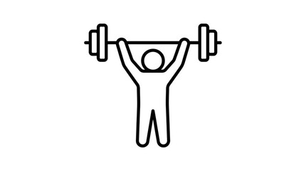 Fototapeta premium Minimalist black outline vector icon of an athletic person lifting a heavy weight barbell overhead, symbolizing physical strength, bodybuilding power, weightlifting achievement, and fitness health.