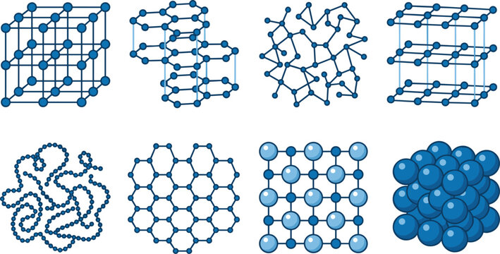 Collection of Atomic and Molecular Structure Illustrations Featuring Crystalline Lattices, Amorphous Patterns, Polymers and Close‑Packed Arrangements
