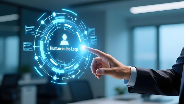 Human-in-the-Loop artificial intelligence concept, businessman touching glowing blue digital interface, futuristic machine learning and automation technology