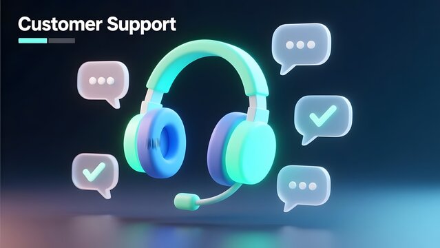 Customer support concept with 3D blue headphones, glowing glass speech bubbles for online help desk, digital call center communication services