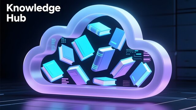 Knowledge Hub digital cloud concept, glowing neon cloud with floating books for online education, futuristic 3D library storage and e-learning database
