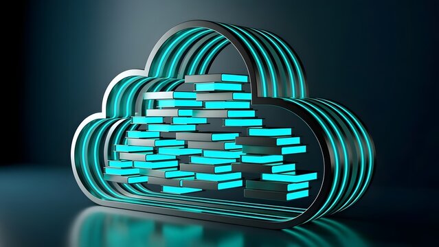 Futuristic cloud computing icon with glowing neon blue data servers, digital storage technology concept, 3d render of network database infrastructure