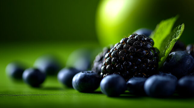 Fresh blackberries and blueberries on green surface with raw food blackberry blueberry