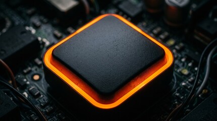 Fototapeta premium Glowing Orange Electronic Component on Dark Circuit Board