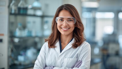 Obraz premium Smiling Woman Scientist Wearing Safety Goggles and Lab Coat in Modern Research Laboratory