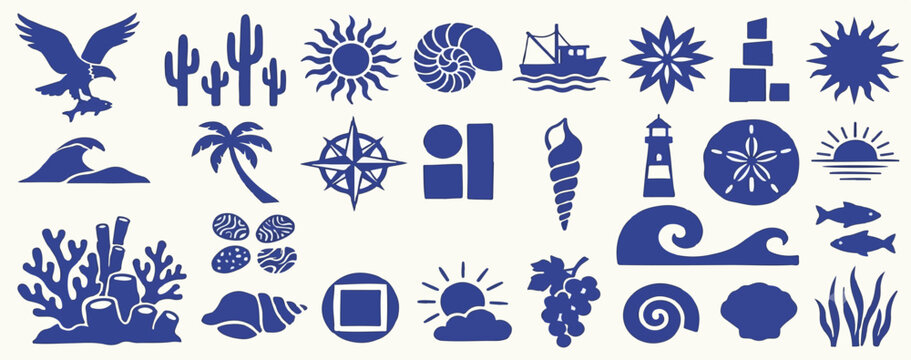 Boho summer set. Naive geometric palm tree, sun, sea, waves and corals for icon, collage. Tropical retro surf prints, summer beach label or naive vignetting hand drawn isolated vector illustration.