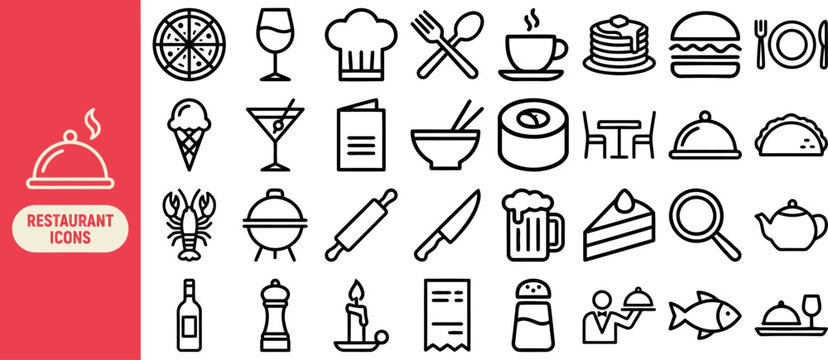 Restaurant Menu Food outline icon set. Featuring pizza, wine glass, chef hat, burger, and coffee symbols. Editable stroke vector icons for dining service and cafe ordering app.