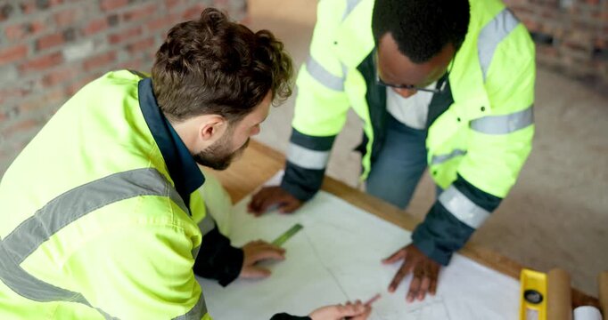 Architecture, team and meeting with blueprint for planning, design update or collaboration. Discussion, men and floorplan at worksite for engineering, explain infrastructure or maintenance compliance
