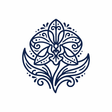 Orchid flower outline, minimalist tattoo design, elegant floral illustration, dark blue ink on white.