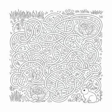 Black and white line art coloring page for kids featuring a complex garden maze with a rabbit, cabbages, flowers, and leaves. Intricate path puzzle for educational activity and leisure.