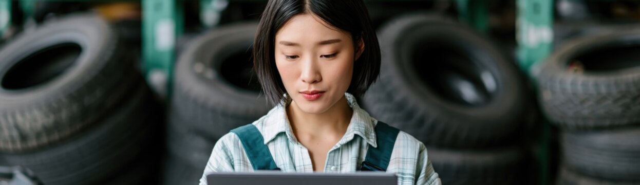 Female mechanic using laptop in tire shop with stacked tires background for automotive banner and business design