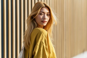 Obraz premium Young woman urban portrait wearing mustard jacket looking over shoulder for street banner background and lifestyle editorial use