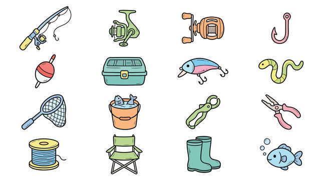 A collection of various fishing equipment and accessories, including rods, reels, hooks, lures, tackle boxes, and nets, depicted as colorful cartoon illustrations.
