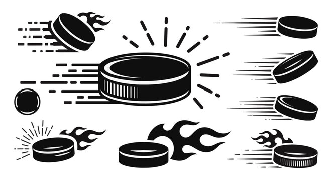 Vector illustration set featuring black hockey pucks with motion effects, including horizontal speed lines, fire flames, and radial energy bursts, isolated on a plain white background.