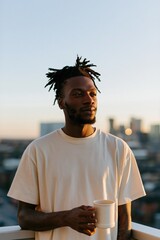 Fototapeta premium Man holding a white mug on a balcony with a blurred city skyline at sunset for urban lifestyle background and contemplative rooftop scene