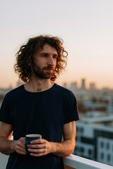 Fototapeta premium Young man with curly hair holding a navy mug on a rooftop at sunset for lifestyle portrait and morning routine background for wellness and relaxation banner