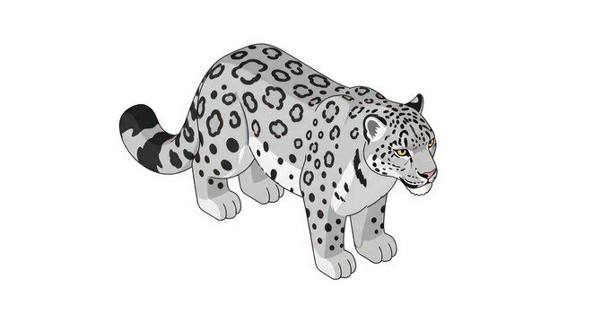 Snow leopard walking in profile view.