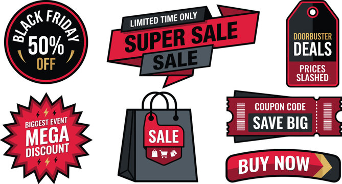 Black Friday and Mega Sale Badge Vector Set Featuring Promo Ribbons, Coupon Codes, Shopping Bag, and Discount Labels for Commercial E-commerce Marketing
