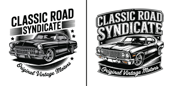 Two vintage car emblems featuring classic road syndicate motor designs
