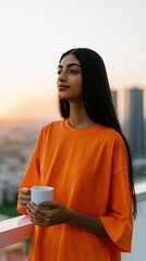 Fototapeta premium Young woman on balcony holding white coffee mug at sunset for contemplative lifestyle background and wellness banner design