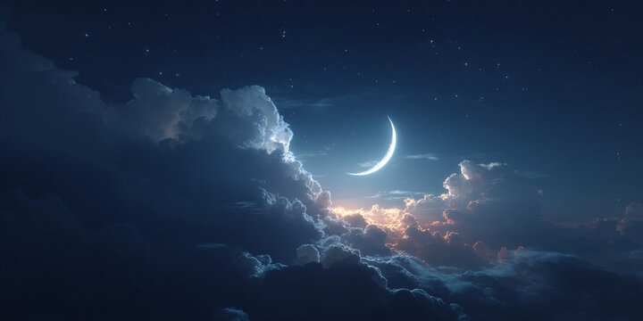 Bright crescent moon glowing above dark clouds in a starry night sky