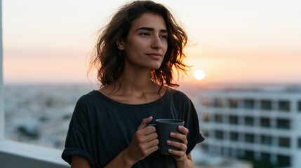 Fototapeta premium Young woman holding a mug on a balcony with sun over the city at sunset cozy portrait for evening background banner and design