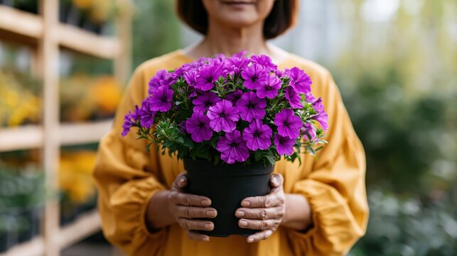 Senior woman holding purple petunia plant in a pot for greenhouse garden store banner and background design for floral nursery and gardening promotion