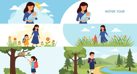 Fototapeta premium Children planting tree in sunny park with birds and flowers.