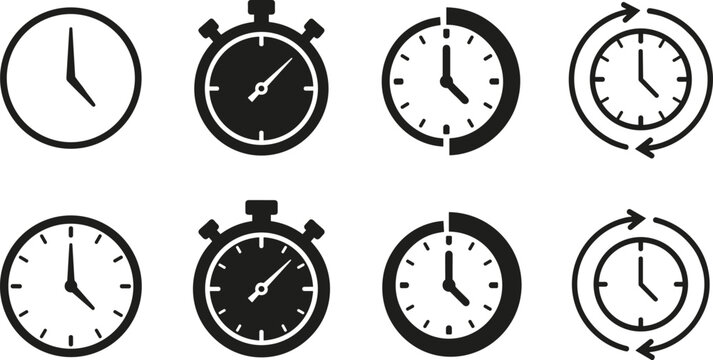 Clock and Stopwatch Icon Set with Analog Watch Faces Timer Gauges Countdown Shading and Loop Arrow Symbols for Schedule Management Apps and Website UI
