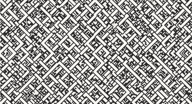 Seamless black and white geometric interlace pattern with complex labyrinthine lines and diagonal grid structure; high-contrast monochrome repeating architectural vector texture.