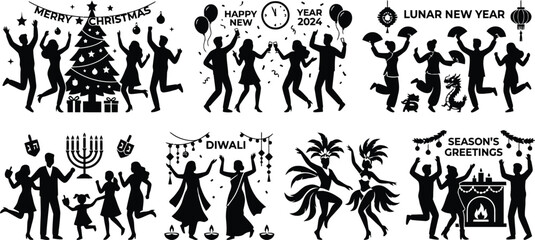 Celebration holiday icons set with people dancing © RUMA AKTHER