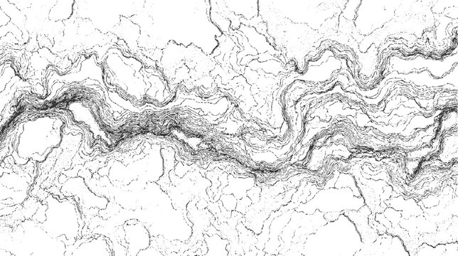 Black and white abstract topographical map lines and dots forming a winding river valley pattern