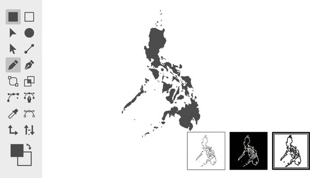 Philippines map silhouette appears as a graphic design element alongside various editing tools on a neutral interface background.