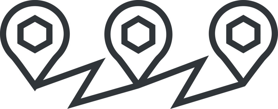Map markers connected by a jagged line illustrate a travel itinerary or a logistical route across multiple strategic locations.