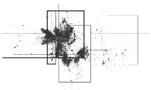 Black ink splatters and geometric shapes on white background with dashed lines abstract