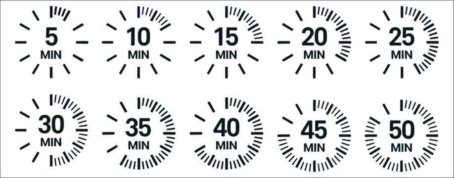 Countdown timer icons with circular 5 to 60 minute indicators for user interface, fitness apps, digital dashboards, and video overlays, vector, designs